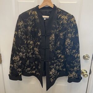 Le‎ Sien Jacket Asian Bamboo Floral Embroidery Silk Gold Black 14 Holiday Party